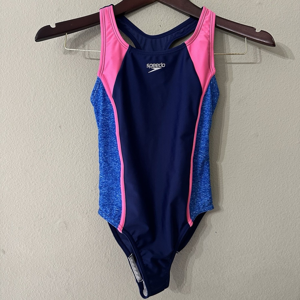 Speedo Girls Swimwear Medium Blue Colorblock One Piece Logo Racerback